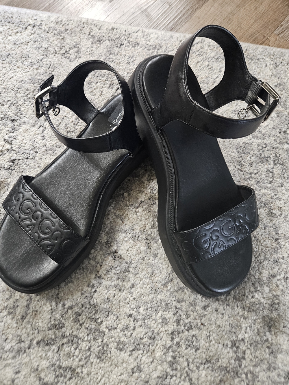 G by Guess Black Embossed Strap Platform Sandals